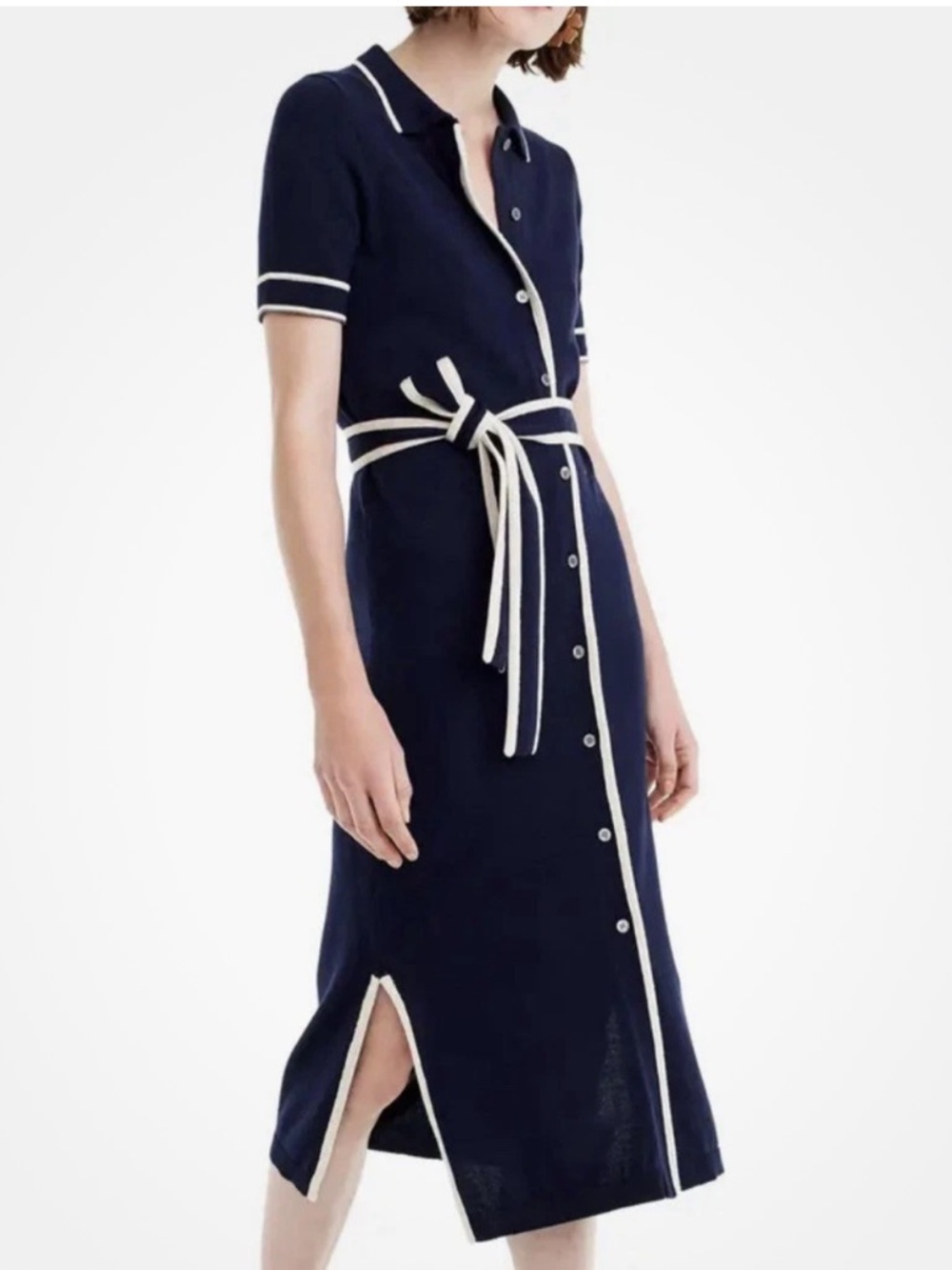 J Crew Merino Wool Belted Short Sleeve Sweater Dress Navy Blue MEDIUM Preppy